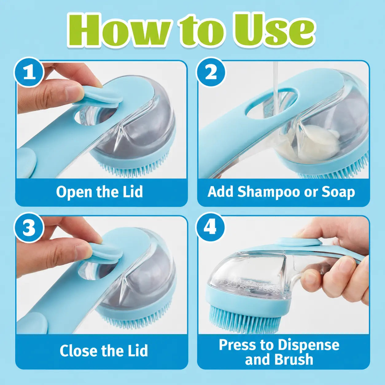 Pet Bath Brush with Shampoo Dispenser for Dogs & Cats, Ergonomic Handle, Gentle Massage Grooming Tool, Easy to Use, Essential Dog Bath Supply