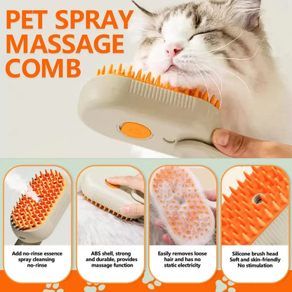 Cepillo Con Spray De Vapor 3 En 1 Para Mascotas: Adiós Al Pelo Volando, Deslanador Y Masajeador