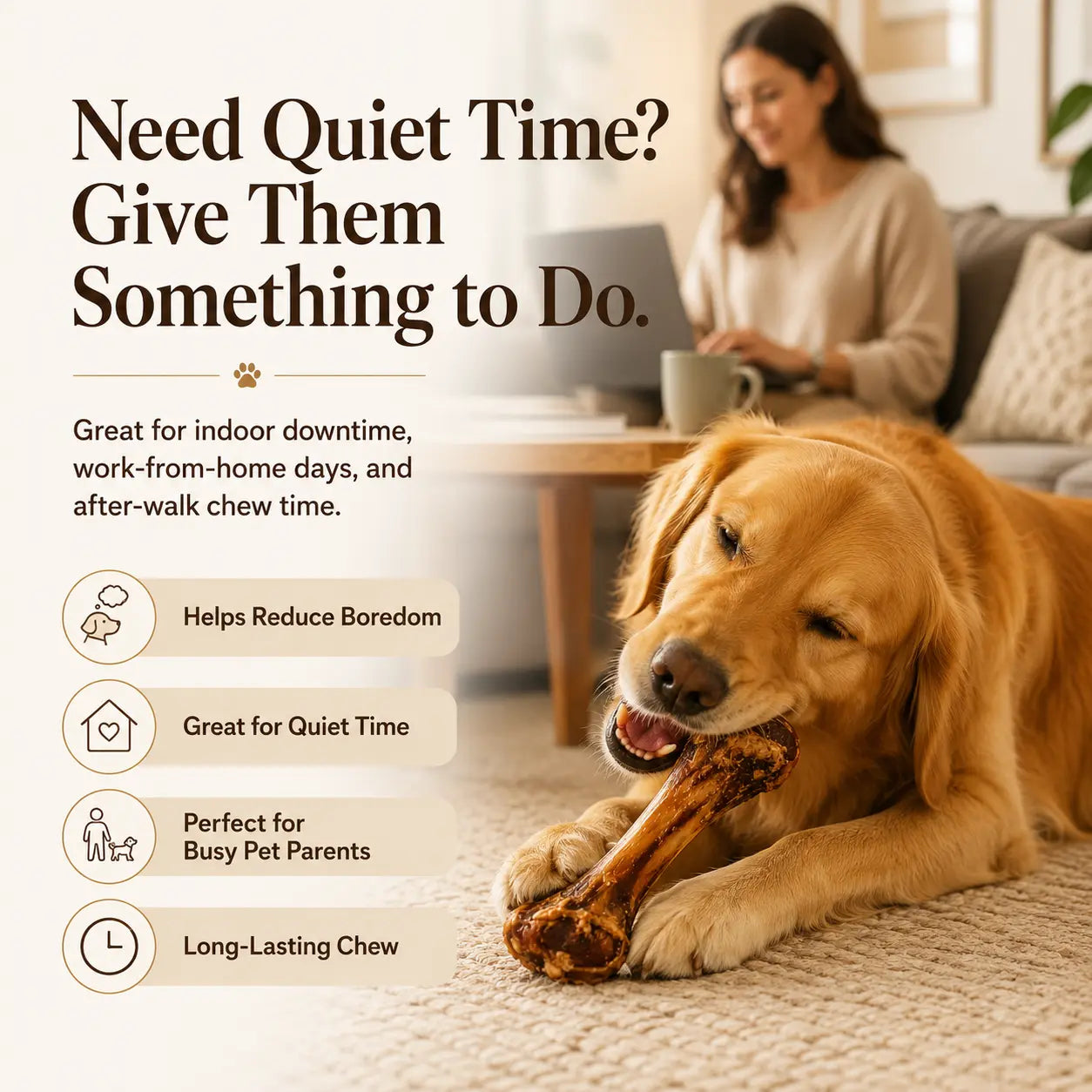 Natural Beef Bone Dog Chew for Medium & Large Dogs, Long-Lasting Single Ingredient Bone Chew to Keep Dogs Busy