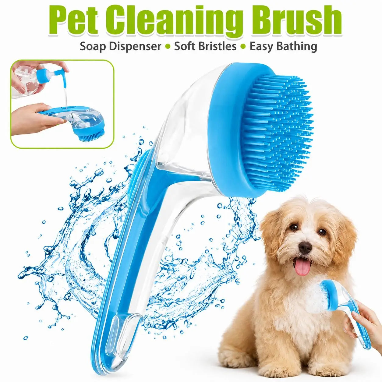 Pet Bath Brush with Shampoo Dispenser for Dogs & Cats, Ergonomic Handle, Gentle Massage Grooming Tool, Easy to Use, Essential Dog Bath Supply