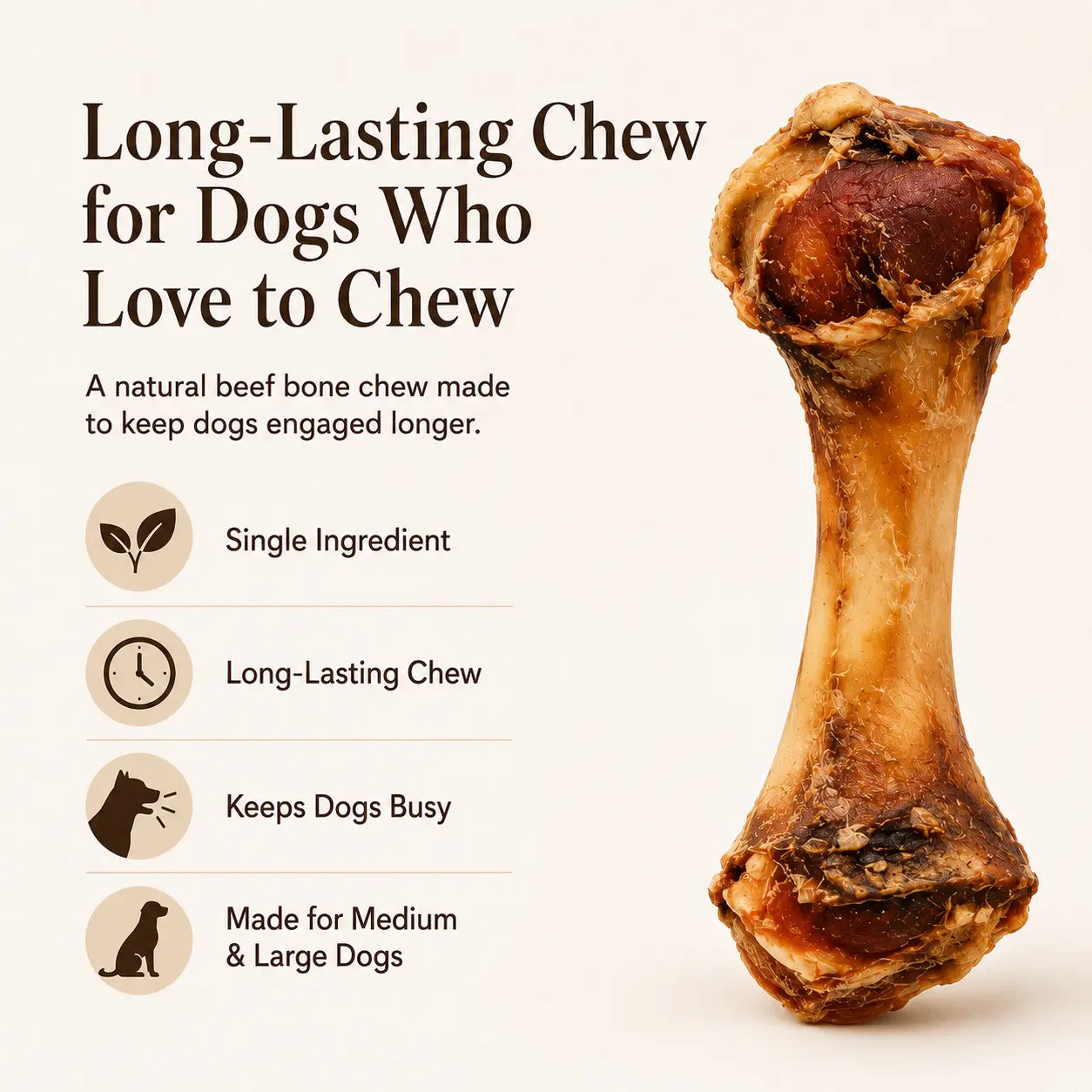 Natural Beef Bone Dog Chew for Medium & Large Dogs, Long-Lasting Single Ingredient Bone Chew to Keep Dogs Busy