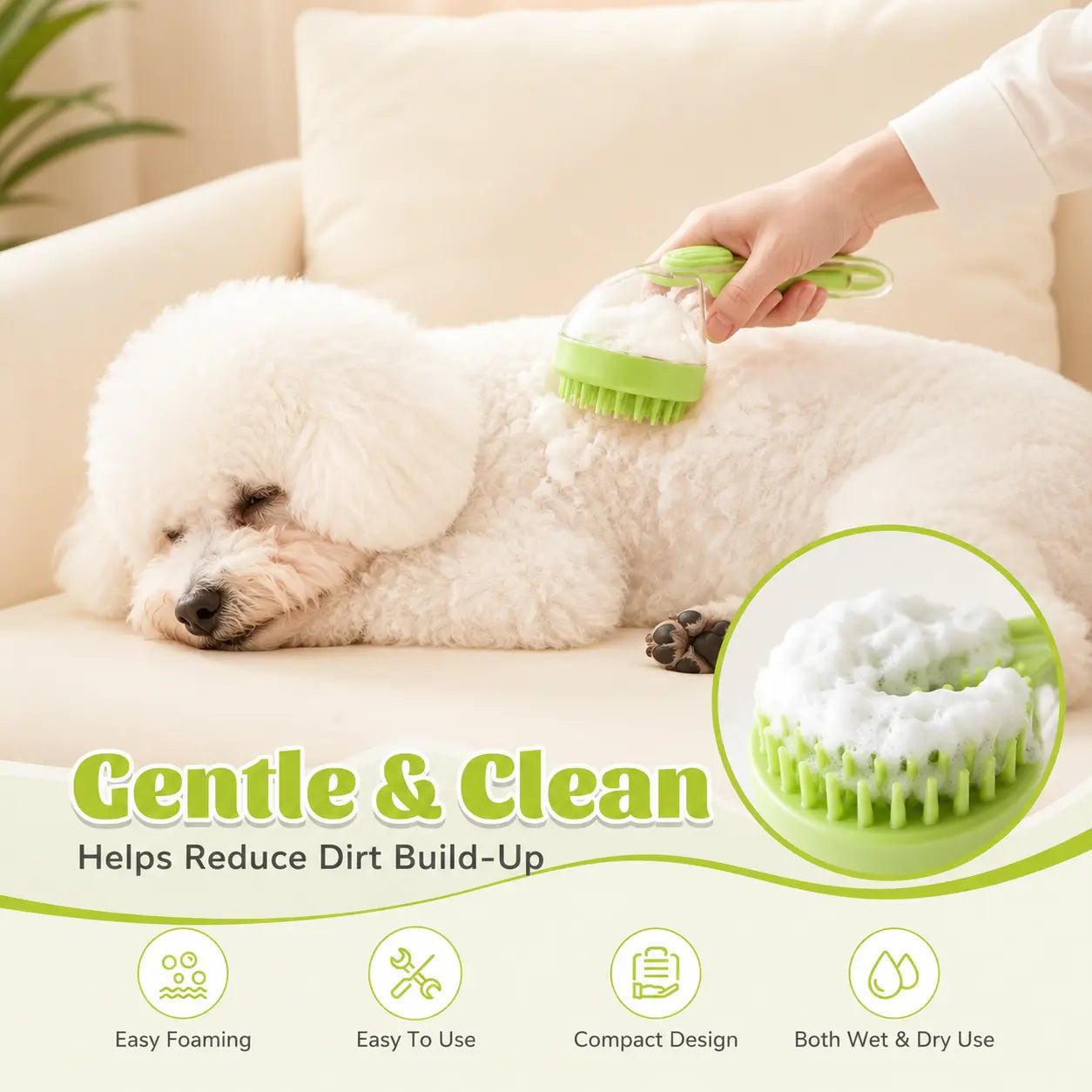Pet Bath Brush with Shampoo Dispenser for Dogs & Cats, Ergonomic Handle, Gentle Massage Grooming Tool, Easy to Use, Essential Dog Bath Supply
